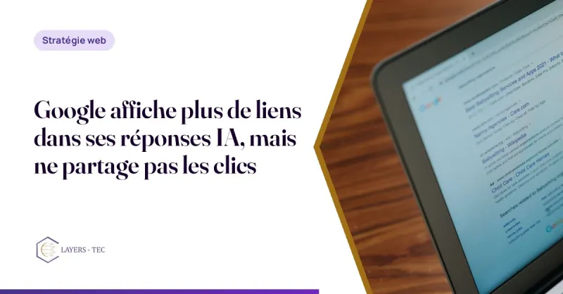 Écran de recherche Google montrant un résumé IA avec plusieurs liens et articles connexes en dessous