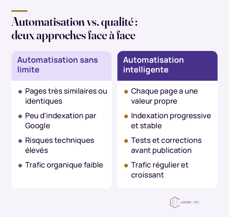 Automatisation vs. qualité : deux approches face à face : Automatisation sans limite ; Pages très similaires ou identiques ; Peu d'indexation par Google ; Risques techniques élevés ; Trafic organique faible ; Automatisation intelligente ; Chaque page a une valeur propre ; Indexation progressive et stable ; Tests et corrections avant publication ; Trafic régulier et croissant